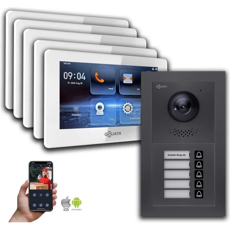 Goliath Intercom GL-HB500A, 2-Draht BUS Video-Türsprechanlage für 5-Familienhäuser, HD-Kamera, Smartphone App, anthrazit