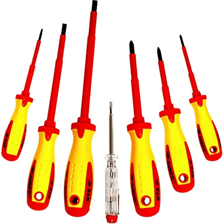 S&R VDE Elektriker Schraubendreher Satz 7-tlg, isoliert bis 1000 V AC, magnetische Spitzen, gelochte Ergo-Griffe, Profi-Qualität