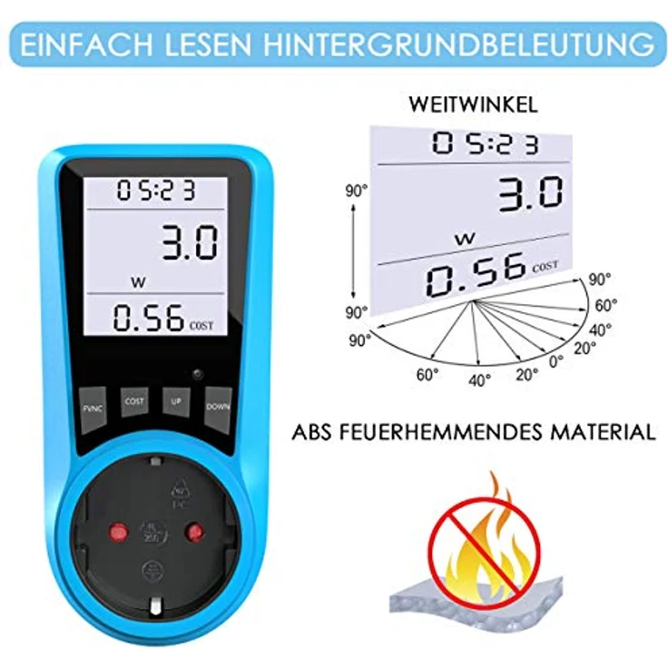 Stromkostenmessgerät, BMK Stromzähler Leistungsmessgerät Energiekostenmessgerät Strommessgerät Steckdose, Leistungsmesser Messgerät mit Größer LCD Bildschirm, Überlastsicherung 3680W (1pcs) – Bild 2