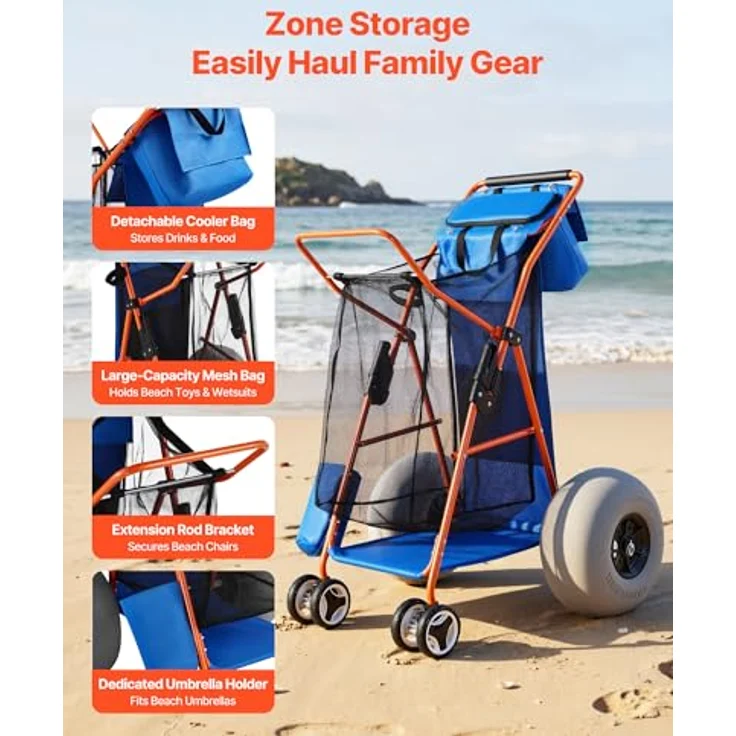 VEVOR Strandwagen mit Ballonreifen (12 Zoll), Faltbarer Strandtrolley mit Isoliertasche & Schirmhalter, 75 kg Tragkraft für bis zu 4 Strandstühle, ideal für Camping und Angeln – Bild 5