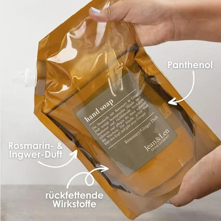 Jean & Len Handseife Rosemary & Ginger, 500 ml Flüssigseife im Nachfüllpack, ohne Parabene, Silikone & Mikroplastik, für beanspruchte Hände – Bild 3