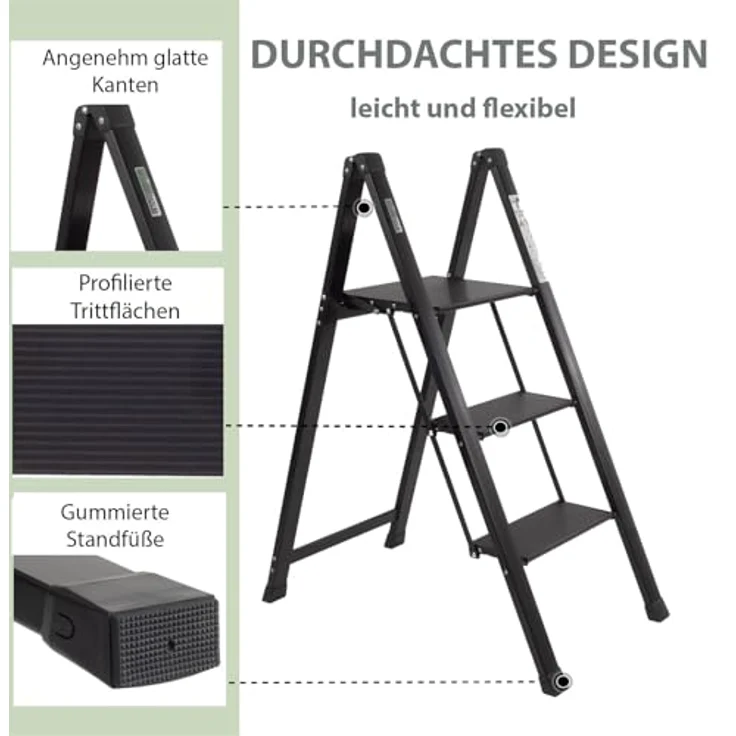 TRUTZHOLM Alu Trittleiter 2-stufig klappbar, bis 150 kg Traglast, Aluminium Silber, TÜV/GS zertifiziert, rutschfeste Trittflächen, 4,2 kg leicht, platzsparend 5 cm schmal – Bild 4