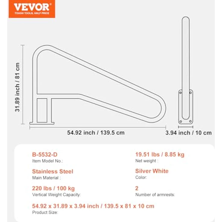 VEVOR Pool Handlauf, 2 Stück, 1395 x 810 x 100 mm, Edelstahl mit Grundplatte für Innen-/Außenpools, rostfreier Haltegriff, silberweiß – Bild 7