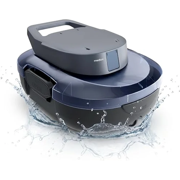 MEDION PR1 Poolroboter Akku, für Aufstellpool, Bodenreinigung, One-Click-Bedienung, Selbstparkfunktion, 120 Min Akkulaufzeit, 2,2 L Filterkapazität, blau, inkl. Ladegerät & Haken – Bild 8