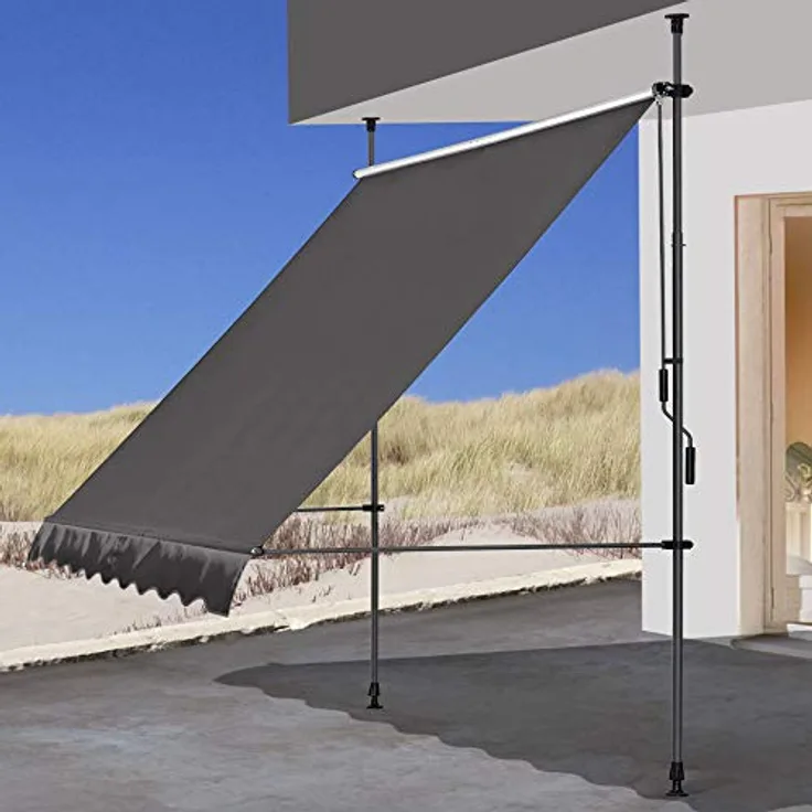 QUICK STAR Klemmmarkise 250x130cm Grau Balkonmarkise Sonnenschutz Terrassenüberdachung Höhenverstellbar von 200-290cm Markise Balkon ohne Bohren
