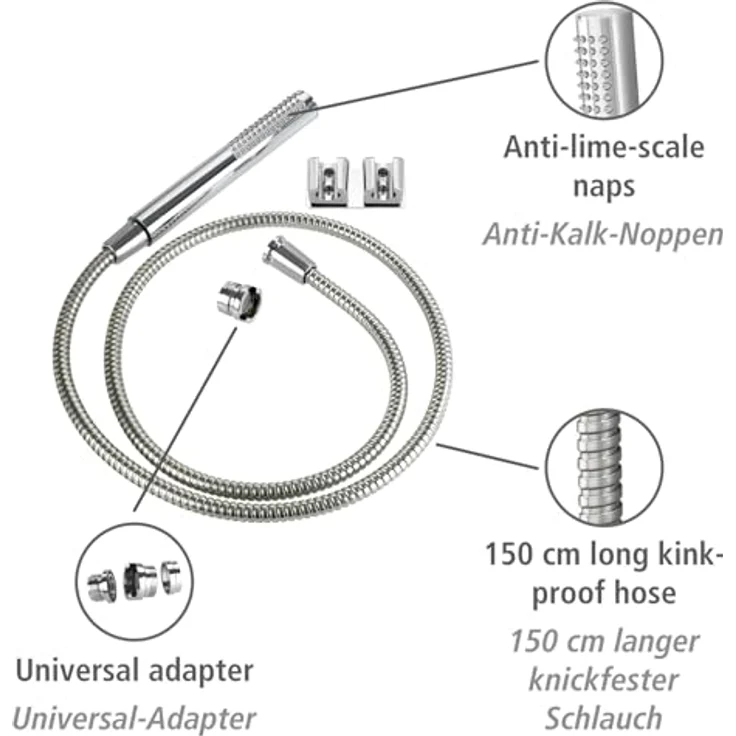 Wenko Duschbrause Waschbeckendusche, praktische Dusche mit 150 cm Edelstahl-Duschschlauch und Antikalk-Noppen, inklusive Easy-Clip-Gleitfunktion und DUO-Haken – Bild 3