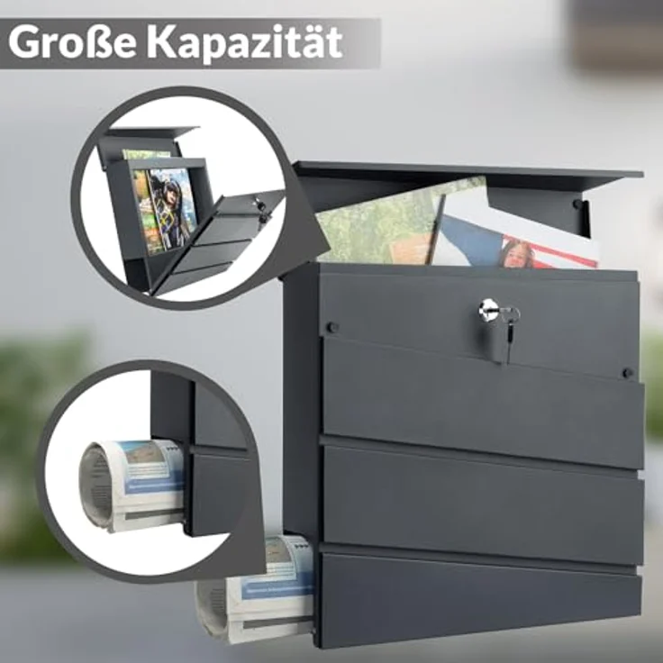 monzana Design Briefkasten Stahl anthrazit mit Zeitungsfach 2 Schlüssel Namensschild Wandbriefkasten – Bild 6