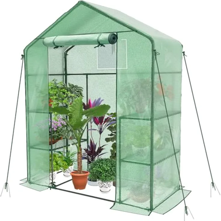 VOUNOT Gewächshaus Foliengewächshaus, begehbares Gartenhäuschen mit 4 Regalebenen, Tomatenhaus Tomatengewächshaus, Grün 143x73x195cm