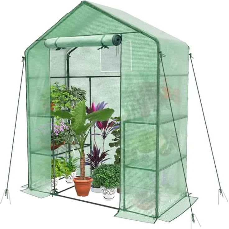 VOUNOT Gewächshaus Foliengewächshaus, begehbares Gartenhäuschen mit 4 Regalebenen, Tomatenhaus Tomatengewächshaus, Grün 143x73x195cm – Bild 1