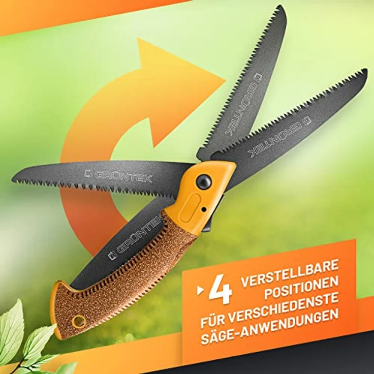 GRÜNTEK Klappsäge ZANDER, gehärtetes Carbonstahl Sägeblatt 180mm, rutschfester Korkgriff, TEFLON-beschichtete Klinge mit 4 Positionen ideale Outdoor Campingsäge Taschensäge Pocketsäge Astsäge – Bild 4