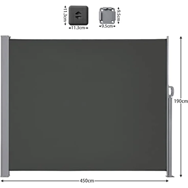 LARMNEE Seitenmarkise, ausziehbar 190 x 450 cm, rostbeständig, Wind- und Sonnenschutz, blickdicht, Dunkelgrau – Bild 2