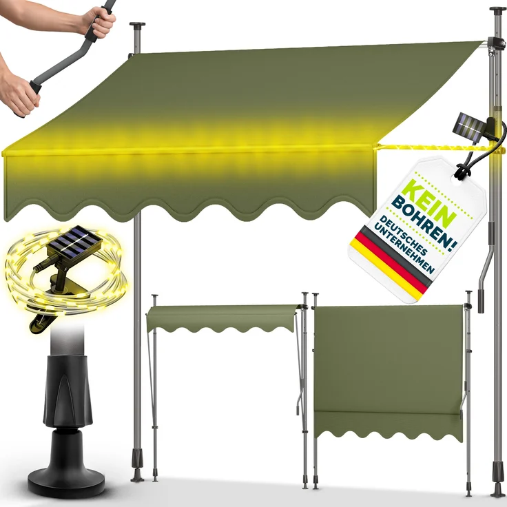 tillvex Klemmmarkise 350 cm Armeegrün, mit Solar LED und Handkurbel, UV-beständig, höhenverstellbar, wasserdicht, ohne Bohren für den Balkon
