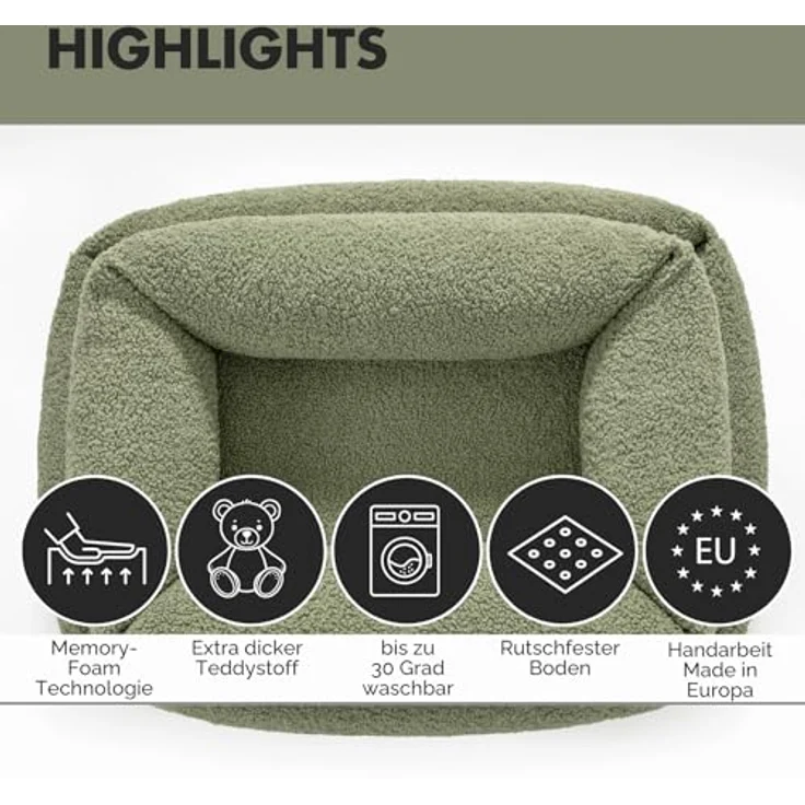 PAW WOW Sven Orthopädisches Hundebett, Teddy-Stoff, waschbar, olive, 80x60cm für kleine bis große Hunde – Bild 5