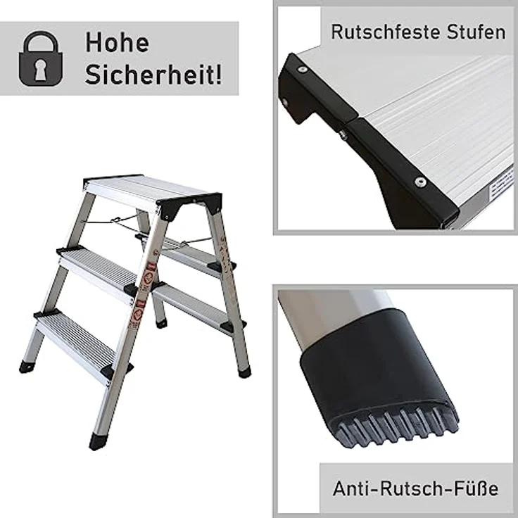 Alu Trittleiter zusammenklappbar | 3 Stufen | 61 cm Höhe | Leichter Klapptritt, Tritthocker | klein und kompakt | mit rutschfesten Füßen | belastbar bis 150 kg | Haushaltsleiter – Bild 4