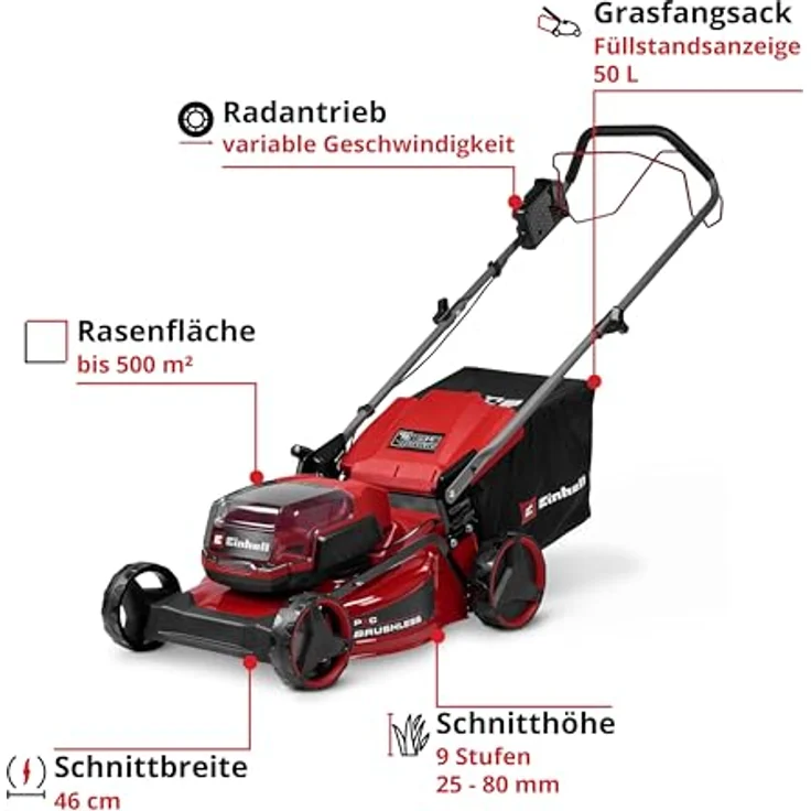 Einhell GC-CM 36/46 S Li BL, Akku-Rasenmäher für Flächen bis 500 m² mit bürstenlosem Motor und 50-Liter-Grasfangkorb – Bild 3