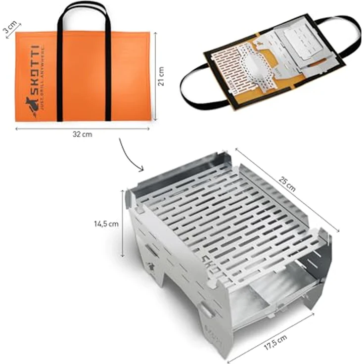 SKOTTI Grill Mini Holzkohlegrill Campinggrill faltbar mit Tasche, 304er Edelstahl, 1,9 kg, 24 cm x 16,5 cm, schickes SKOTTI Design – Bild 9