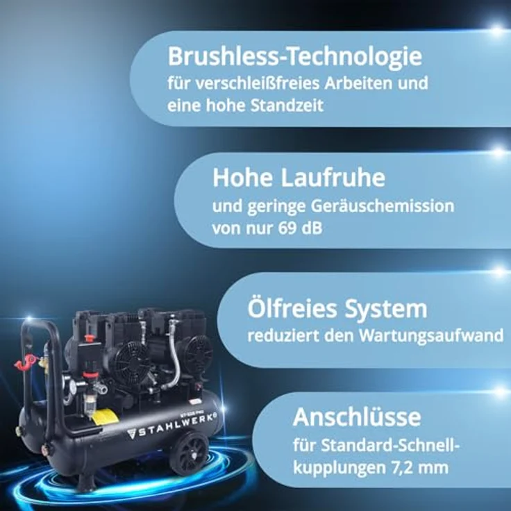 STAHLWERK Kompressor ST-228 Pro, ölfreier Druckluftkompressor mit 8 bar, 22 L Kesselinhalt, 3,54 PS und 410 l/min Durchsatz – Bild 3