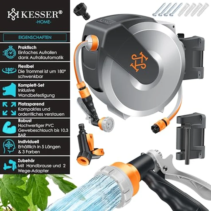 KESSER® Schlauchtrommel mit 20m Gartenschlauch, 180° schwenkbar, automatische Aufrollung, inkl. 7-Funktionen Handbrause, Wandmontage – Bild 2