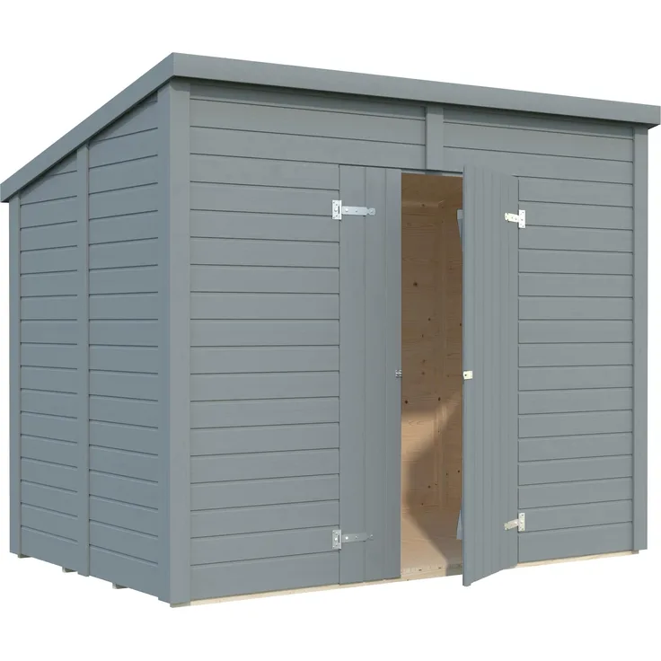 Palmako Gerätehaus Leif 4,5 m², 16 mm Wände aus nordischem Fichtenholz, hellgrau lackiert, mit Doppeltür