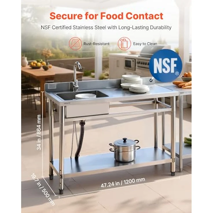 VEVOR Edelstahl Spültisch mit Wasserhahn & Ablage, 120 x 50 x 94 cm, Multifunktionsspüle für Garage, Restaurant und Garten – Bild 2