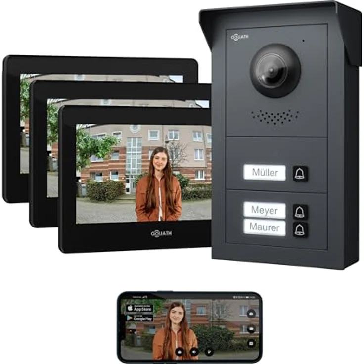 Goliath Intercom Video-Türsprechanlage Basic-Line, 7-Zoll HD Monitor, 2-Draht Technologie, Full HD Kamera, Anthrazit/Silber, App-fähig, für 3-Familienhaus – Bild 1