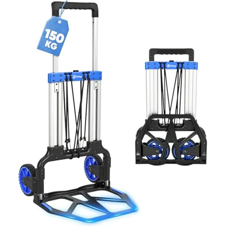 Sekey Sackkarre SK2, Klappbar, 150 kg Tragkraft, XXL Anti-Rutsch-Plattform, höhenverstellbar 77/107cm, Aluminiumrahmen, inkl. 2 Expanderseile, schwarz/blau – Bild 1