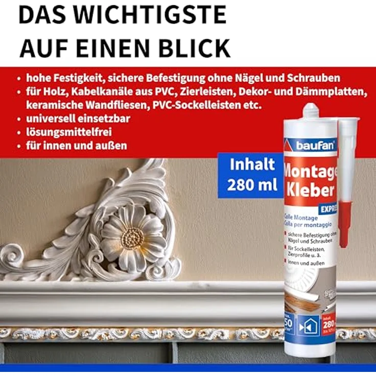 Baufan Montagekleber 280ml Express, universeller Alleskleber für Holz, Dämmplatten, Keramik und PVC, lösungsmittelfrei, weiß – Bild 3