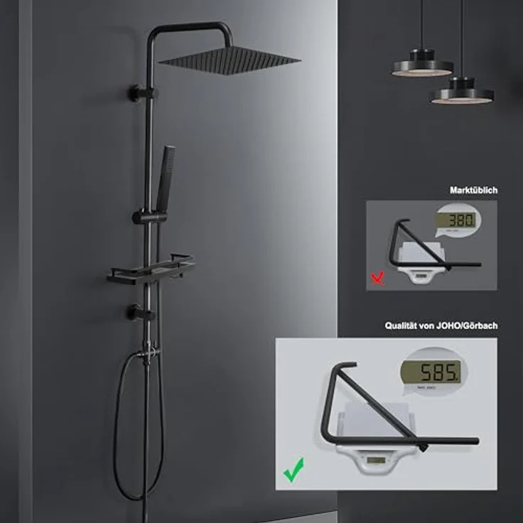 Görbach Regendusche Duschsystem, wassersparend mit 20x20 cm schwarzem Edelstahl Kopfbrause und 360° drehbarer Duschstange – Bild 2