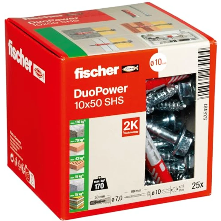 fischer DUOPOWER 10 x 50 S, Universaldübel mit Sicherheitsschraube, 2-Komponenten-Dübel für Beton, Ziegel, Stein und Gipskarton, 25 Dübel + 25 Schrauben – Bild 1