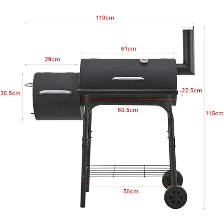 casa.pro Smoker Grillwagen Arielli Holzkohlegrill mit Deckel BBQ Kohlegrill mit Feuerbox 2 Räder Deckelthermometer Schornstein 115x110x64cm Schwarz – Bild 5
