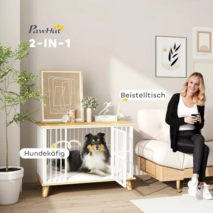 PawHut Hundekäfig für Zuhause, Abschließbar Hundehütte mit Kissen, Hundebox für mittelgroße Hunde unter 15 kg, Eiche, 86 x 60 x 70 cm – Bild 3