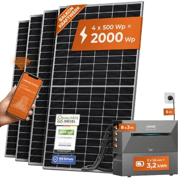 Solarway® All In One Balkonkraftwerk mit Speicher 2000W komplett Steckdose - 3,2 kWh Anker Solix 2 PRO Speicher - 500W Solarmodule & Anker Speicher & Zubehör, Innovatives All-in-One Solaranlage Komplettset – Bild 1