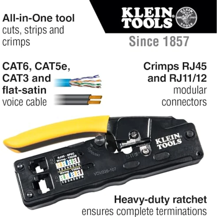 KLEIN TOOLS Datenkabel-Crimpwerkzeug/-Abisolierwerkzeug/-Schneider mit Ratsche, Kompakt für CAT6, CAT5e, CAT3 und Flat-Satin-Telefonkabel – Bild 2