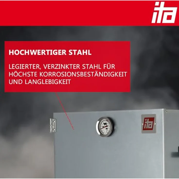 ITA Elektrischer Räucherofen 7003, Premium XL Räucherschrank 111 cm aus legiertem Stahl mit Elektroheizung, Smoker für Kalträuchern & Heißräuchern, Made in EU mit Zubehör – Bild 4