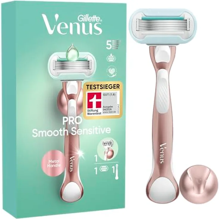 Gillette Venus Pro Smooth Sensitive, Damenrasierer für empfindliche Haut mit 5 Klingen, Metallhandstück und Duschhalterung, TESTSIEGER von Stiftung Warentest