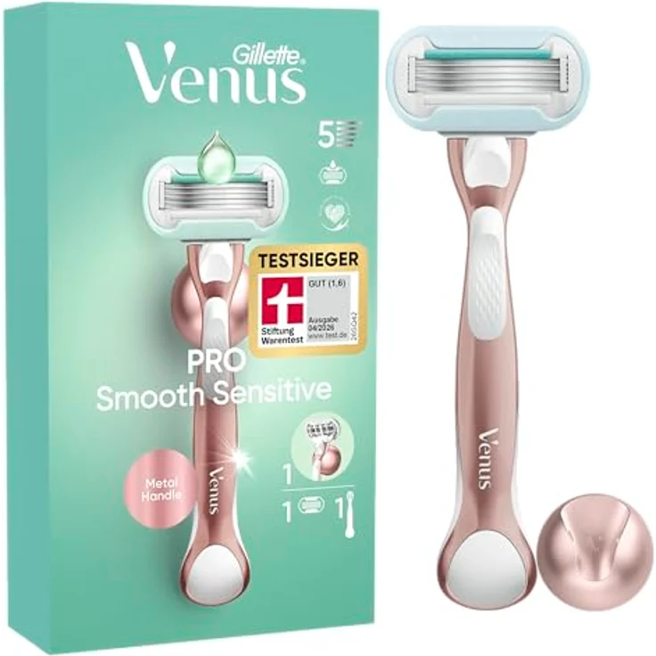 Gillette Venus Pro Smooth Sensitive, Damenrasierer für empfindliche Haut mit 5 Klingen, Metallhandstück und Duschhalterung, TESTSIEGER von Stiftung Warentest – Bild 1