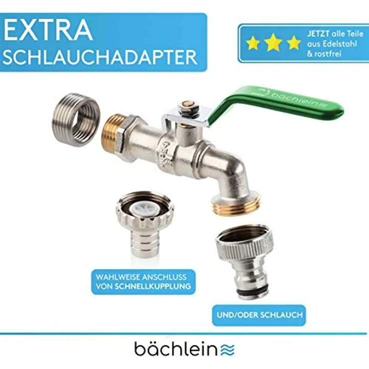 Bächlein Universal Wasserhahn für den Garten [grün] inkl. 2 Schlauchanschlüssen - edler Kugelhahn mit 1/2 und 3/4 Zoll Anschluss, Auslaufhahn aussen – Bild 3