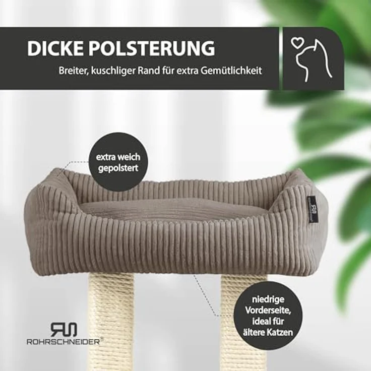 Rohrschneider Kratzbaum Katzenbaum Wolly 2 breite Kratzstämme mit Katzenbett Cordstoff, Made in Germany, versch. Farben – Bild 6
