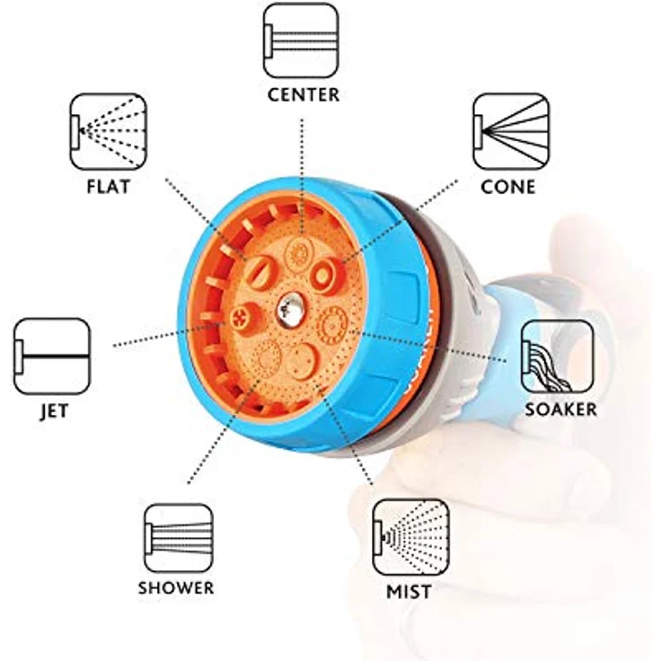 GRÜNTEK Metall-Gartenbrause, Multifunktions-Handbrause mit 7 Düsen, stufenlos einstellbarer Wasserstärke, ergonomischer gummierter Griff, stoßfest und leichtgewichtig – Bild 3
