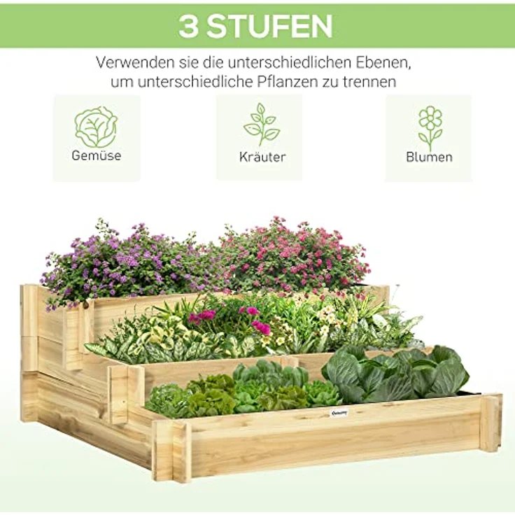 Outsunny Hochbeet, 3-stufige Blumenkasten, Pflanzenbeet mit Stoffauskleidung, Kräuterbeet, Blumentreppe für Balkon, Garten, Holz, Natur, 93 x 93 x 35 cm – Bild 4