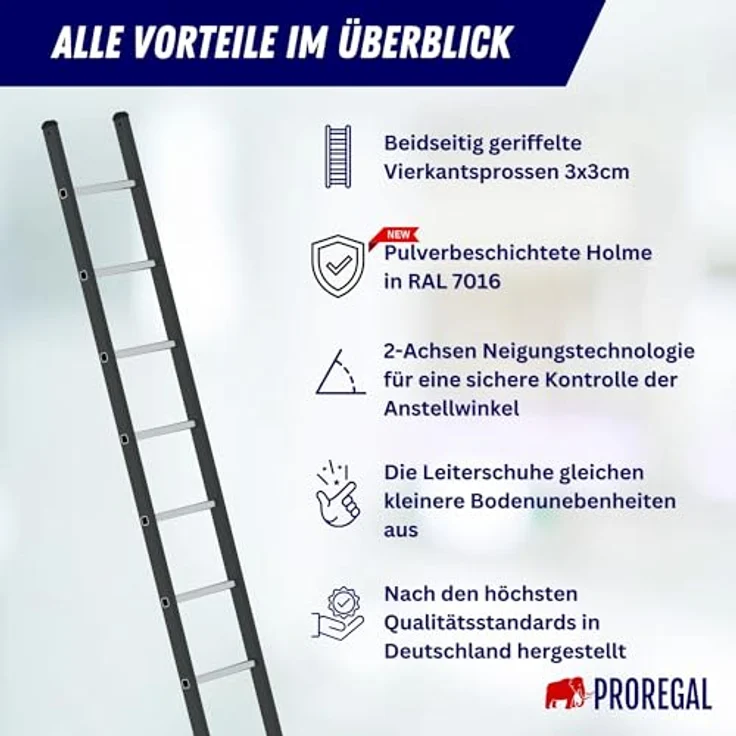 PROREGAL® Anlegeleiter Sprossen-Anlegeleiter, 350 mm breit, Aluminium, max. Belastung 150 kg, Made in Germany – Bild 6