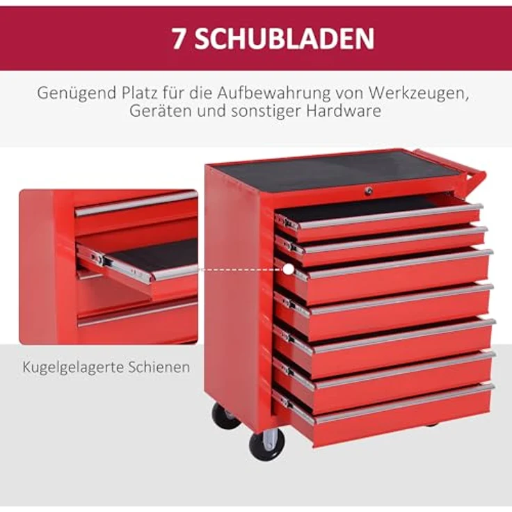 Durhand Werkstattwagen mit Rollen, 7 Schubladen, abschließbar, pulverbeschichtet, max. Traglast 150 kg, aus Stahl, rot, mit Feststellbremse – Bild 4