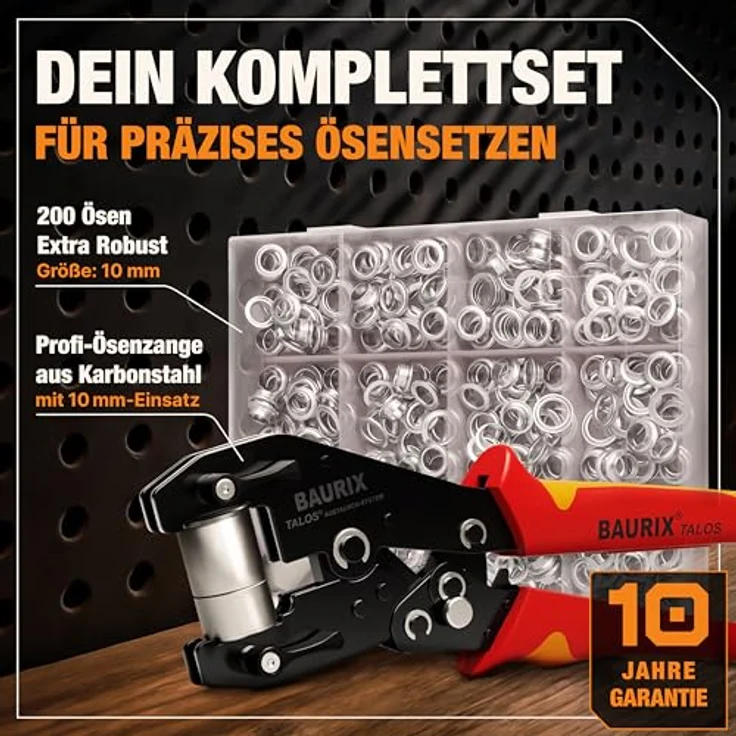 BAURIX® TALOS Ösenzange für Planen, inkl. 200 rostfreier Ösen (Ø 10mm), ohne Vorstanzen, magnetischer Halt, Karbonstahl-Werkzeug für PVC, Stoff, Leder – ideal für Schneider, Heimwerker & Bastler – Bild 3
