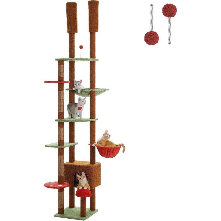 PurpurRain Kratzbaum Höhenverstellbar mit Blättern/Champignon, Hängematte, 135/ 230 cm, Große Sisal-Kratzstämme, Fächerförmige Sitzstange, Lila
