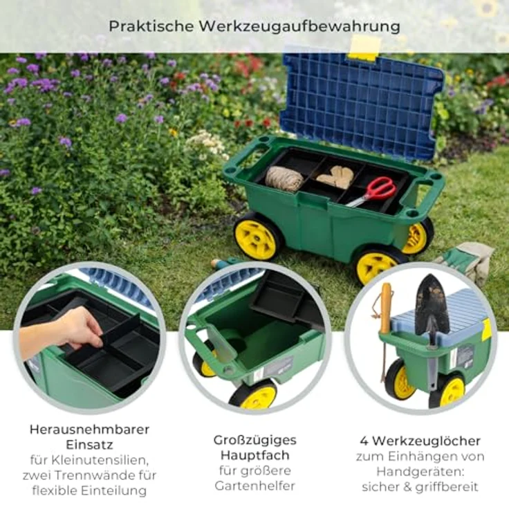 HMF 2-in-1 Gartenwagen mit Sitz und Stauraum, praktischer Gartenhocker mit großen Rollen und flexibler Unterteilung, für Gartenarbeit bis 100 kg, Grün – Bild 3