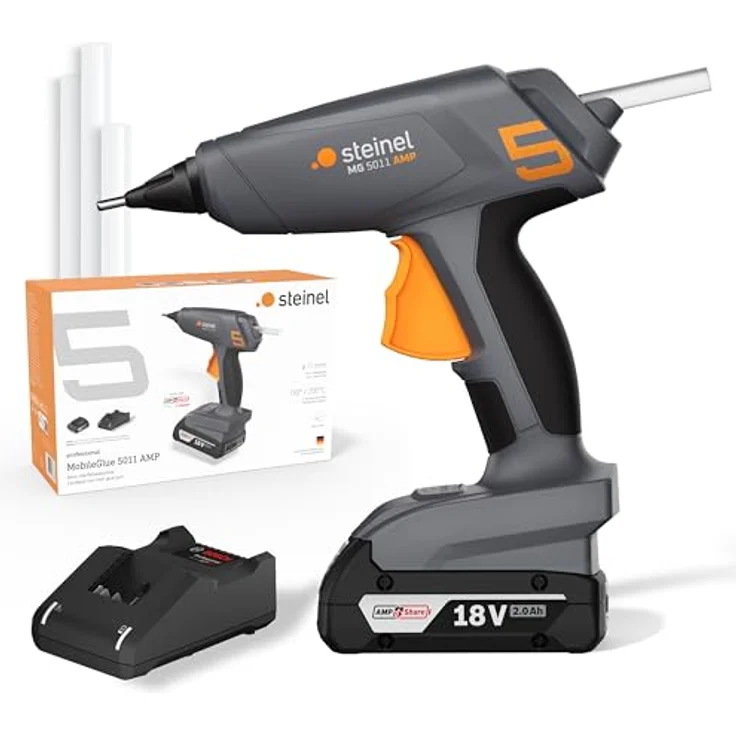 Steinel MobileGlue 5011, Akku Heißklebepistole mit 2 Temperaturstufen 130°/200°C, inkl. 2.0 Ah 18V Bosch AMPShare Akku & Klebesticks, 20 g/min Förderleistung – Bild 1