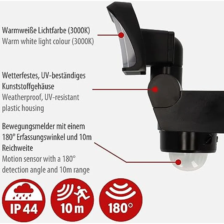 Brennenstuhl LED Strahler mit Bewegungsmelder WS 2050 SP/LED Außenstrahler 20W (1680lm, IP44, 3000K, warmweißes Licht, 180° Erfassungswinkel mit bis zu 10m Reichweite, mit Dämmerungssensor) schwarz – Bild 3