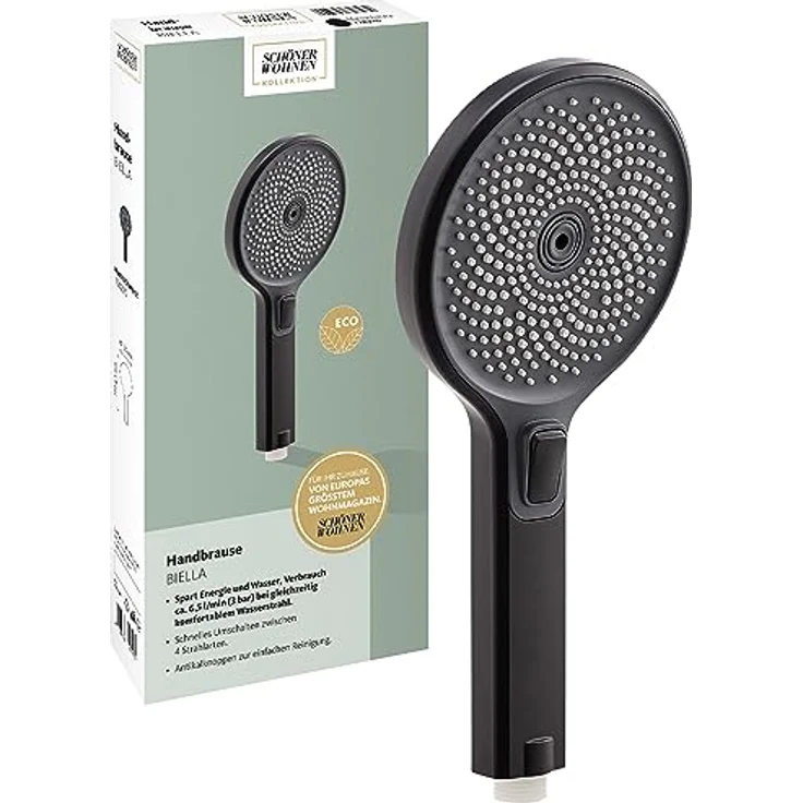 Schöner Wohnen Kollektion Handbrause 3-strahlig Biella, wasserspar Duschkopf, Duschbrause mit Anti-Kalk-Noppen, Typ 1/2 '' Anschluss, Mattschwarz – Bild 1