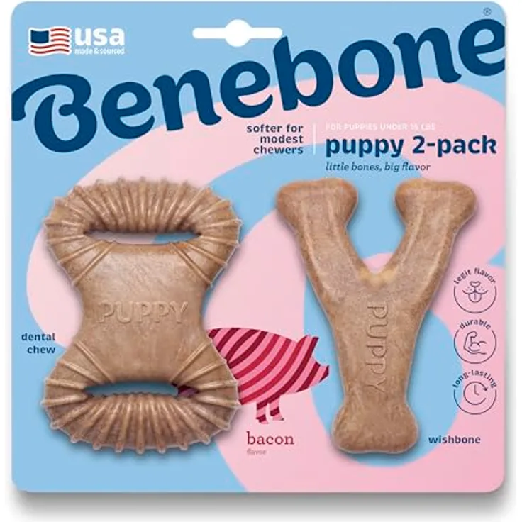 Benebone Hundekauspielzeug für Welpen, im Doppelpack weicher für sanftere Kauer, echter Speck, made in the USA