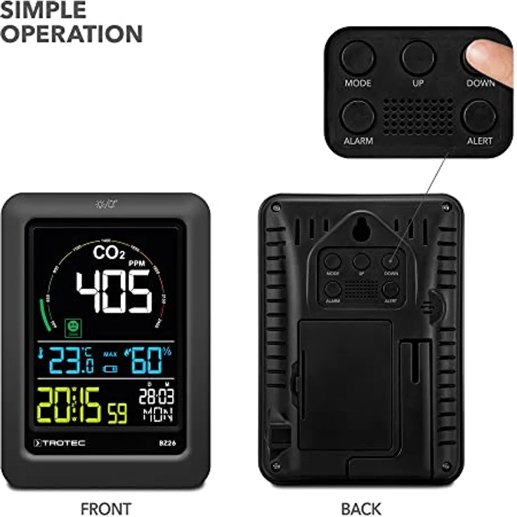 TROTEC CO2-Luftqualitätsmonitor BZ26 Thermometer CO²-Messer Anzeige von CO₂-Werten Raumtemperatur Luftfeuchtigkeit Datum und Uhrzeit Messbereich -9,9°C bis 60°C / 20% bis 95% CO²-Ampel – Bild 3